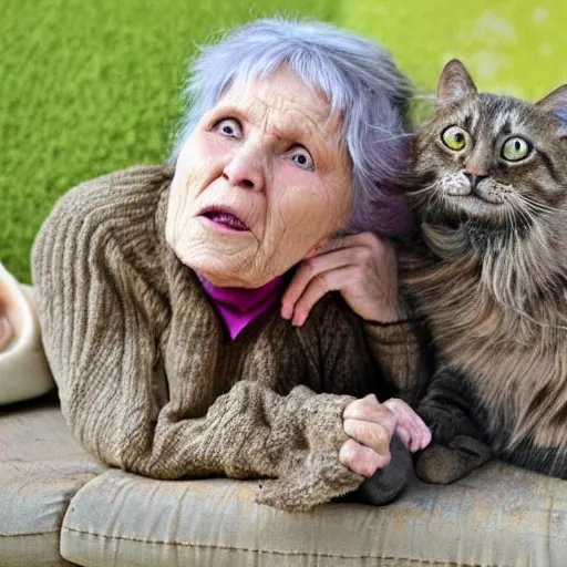 Prompt: an old woman who has swallowed a while cat