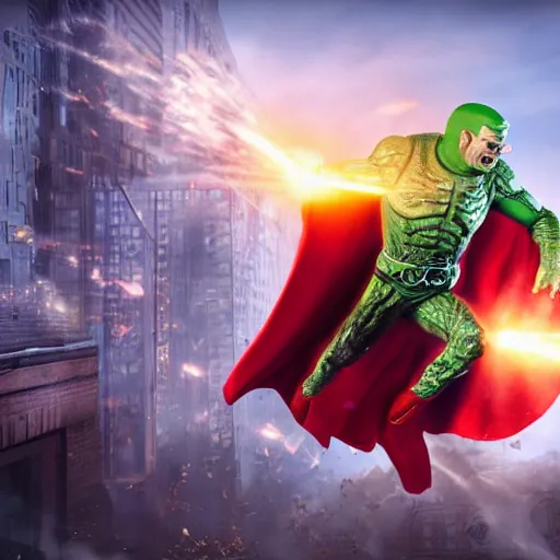 Image similar to pickle rick as superman! in gears of war, splash art, movie still, detailed face, photorealistic facial features, cinematic lighting, dramatic, octane render, long lens, shallow depth of field, bokeh, anamorphic lens flare, 8 k, hyper detailed, 3 5 mm film grain