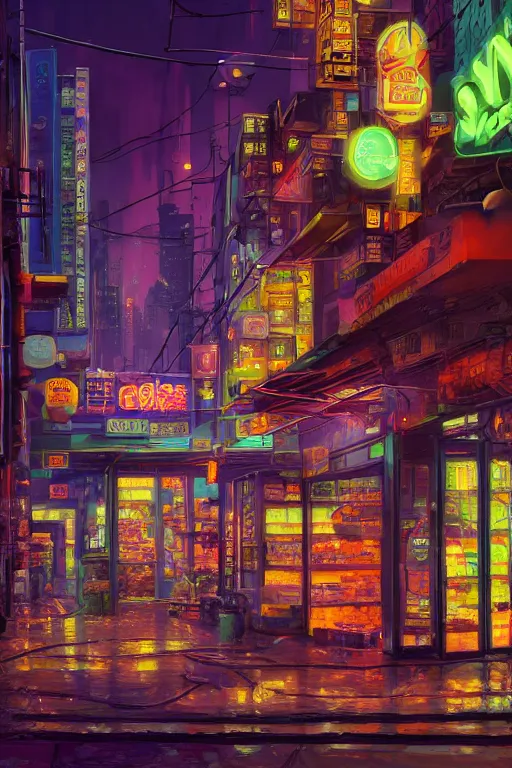 Image similar to a low angle shot of a food store at the base of a towering city, cyberpunk, neon lights, night, matte painting by Marc Simonetti, 8k