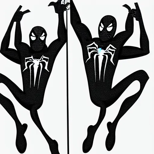 Image similar to book illustration of spiderman pointing at spiderman pointing at spiderman. book illustration, monochromatic, white background, black and white image
