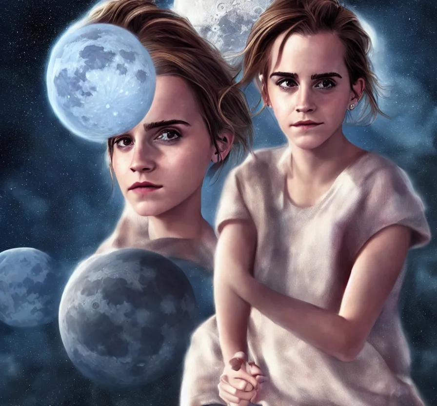 Image similar to hyper realistic portrait of emma watson on the moon, cinematic, artstation, cgsociety, full body