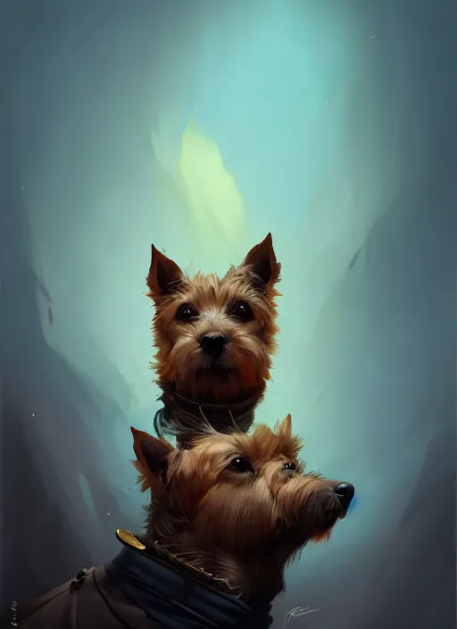 Image similar to norwich terrier as an north wich, backround dark, highly detailed, digital illustration, trending in artstation, modern painting, smooth, sharp focus, intricate, by peter mohrbacher