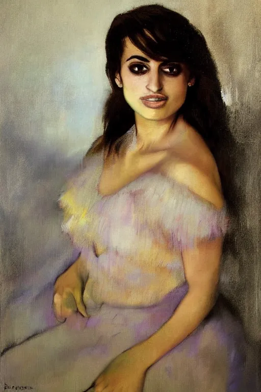 Image similar to oil painting, portrait of penelope cruz, artwork by edgar degas