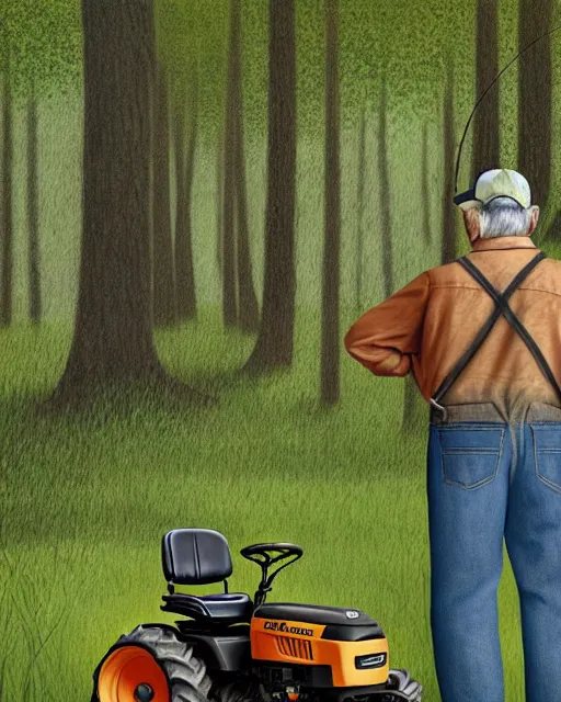 Image similar to old man in denim sat fishing in a wooded area with a john deere tractor in foreground, ultra realistic, concept art, intricate details, highly detailed