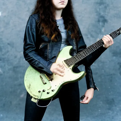 Image similar to 1 9 - year - old girl with wavy long hair, wearing black leather jacket and denim jeans, holding electric guitar, stoner rock, doom metal, concert, live concert footage