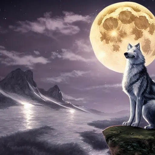 Prompt: a diamond wolf in front of full moon, fantasy art, high definition