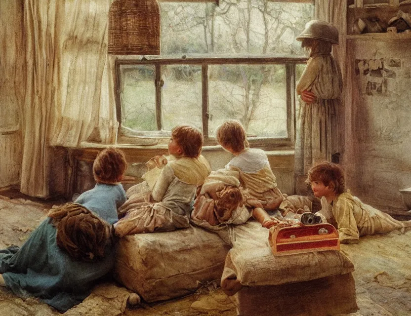 Image similar to peasant kids watching old tv in country house, back view, cottage core, cinematic focus, polaroid photo bleached vintage pastel colors high - key lighting, soft lights, foggy, by steve hanks, by lisa yuskavage, by serov valentin, by tarkovsky, 8 k render, detailed, oil on canvas