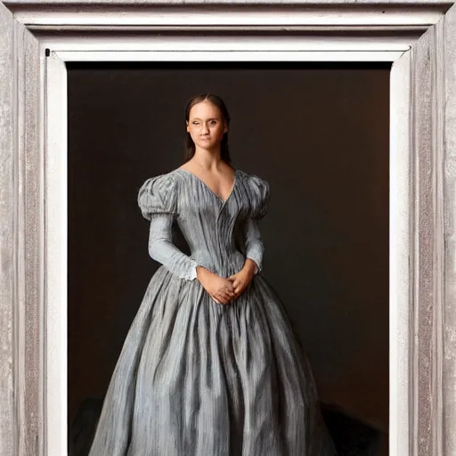 Image similar to portrait of Alicia Vikander wearing grey 1850 dress, in the style of the Hudson River School