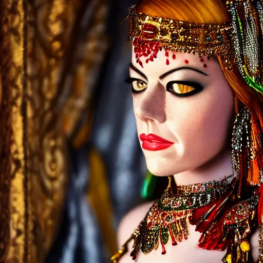 Prompt: a portrait of emma stone dressed as a belly dancer, arabian night, high quality, fully detailed, 4 k, in focus face with fine details, realistic hand details and anatomy