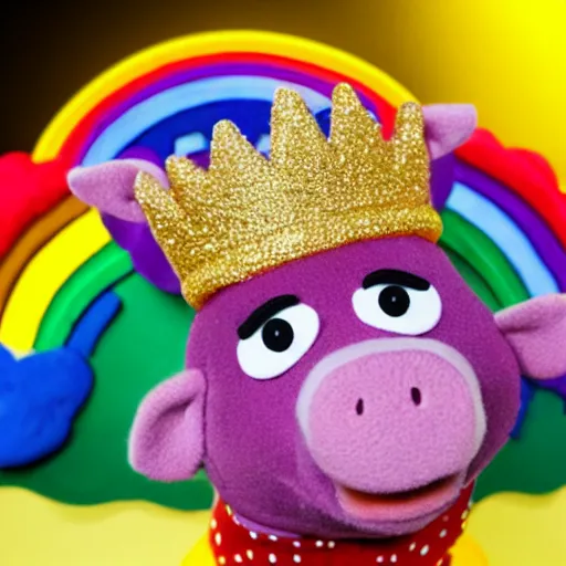 Prompt: rainbow pig wearing a gold crown as a Muppet 8k