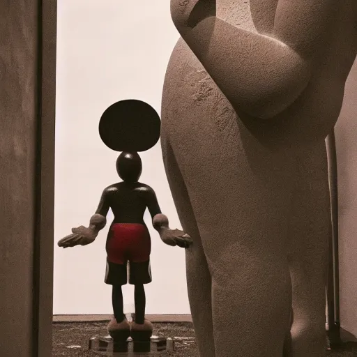 Image similar to Statue of a humanoid Mickey Mouse, photorealistic, film still, desolate