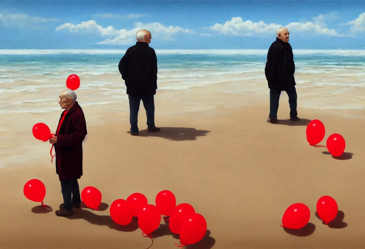 Prompt: lonely old man on the beach, holding red balloons. extremely high fidelity, 8 k, super resolution, cinematic view, super resolution, epic, hyperdetailed, digital painting, artstation, concept art, smooth, sharp focus, octane render, dramatic lighting, ground level, art by artgerm and greg rutkowski and alphonse mucha and wlop