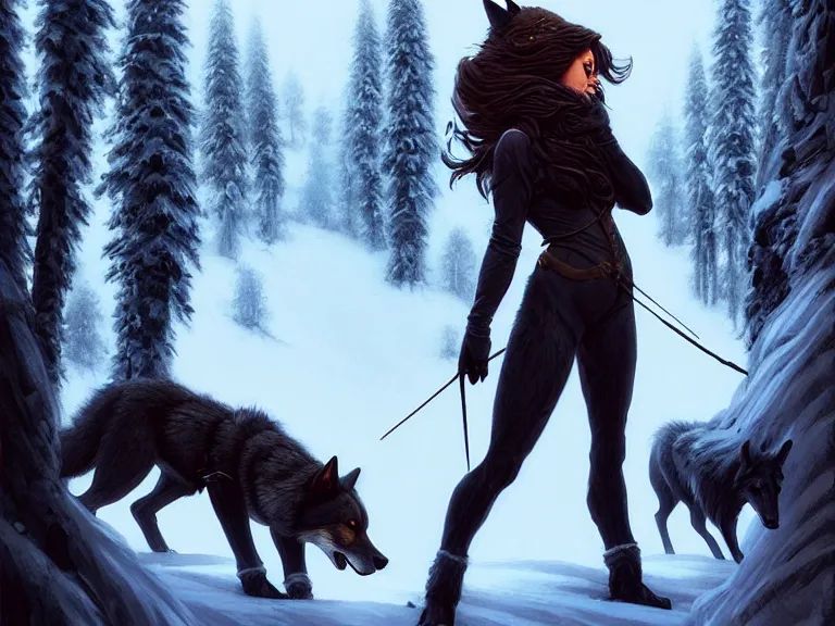 Image similar to a beautiful and aesthetic huntress with big wolf on the winter valley, toward to the camera, hunting the monsters, cynical, dramatic pose, intricate, highly detailed, detailed face, smooth, sharp focus, environmental light, rim light, artgerm, artstation, greg rutkowski, ilya kuvshinov, rossdraws, fantasy illustration