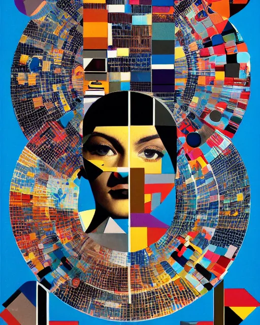 Prompt: A mid-century modern collage, made of random geometric segments from fashion magazines, science magazines, and textbooks, of 2001: A Space Odyssey film poster. 1968