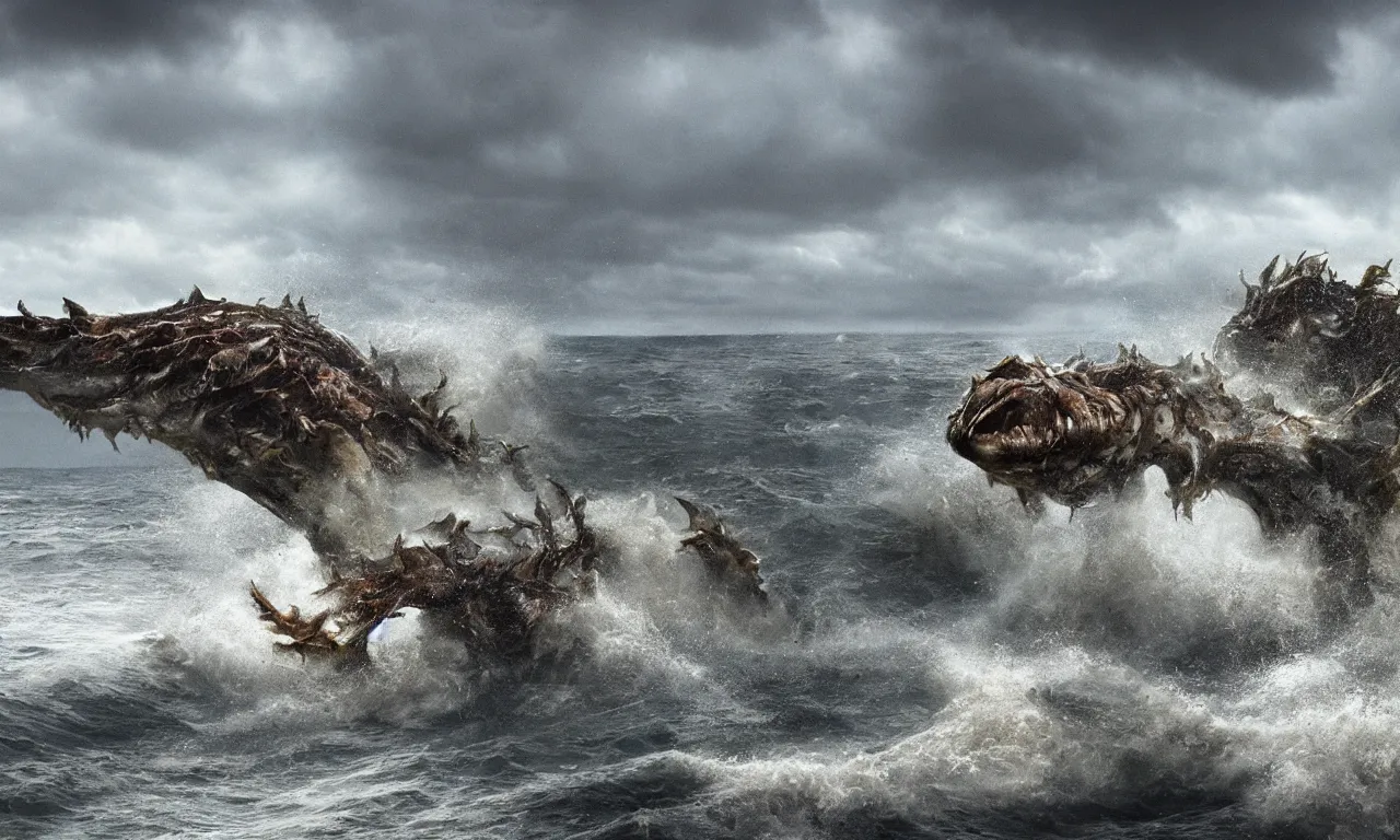 Image similar to a gigantic monster that looks like a mixture of monkfish with crocodile limbs, wet and slimy with a very large mouth, is coming out of the sea dragging its enormous weight with effort on a beach, there are people fleeing in terror, photo-realistic, stormy sky, photo by national geographical