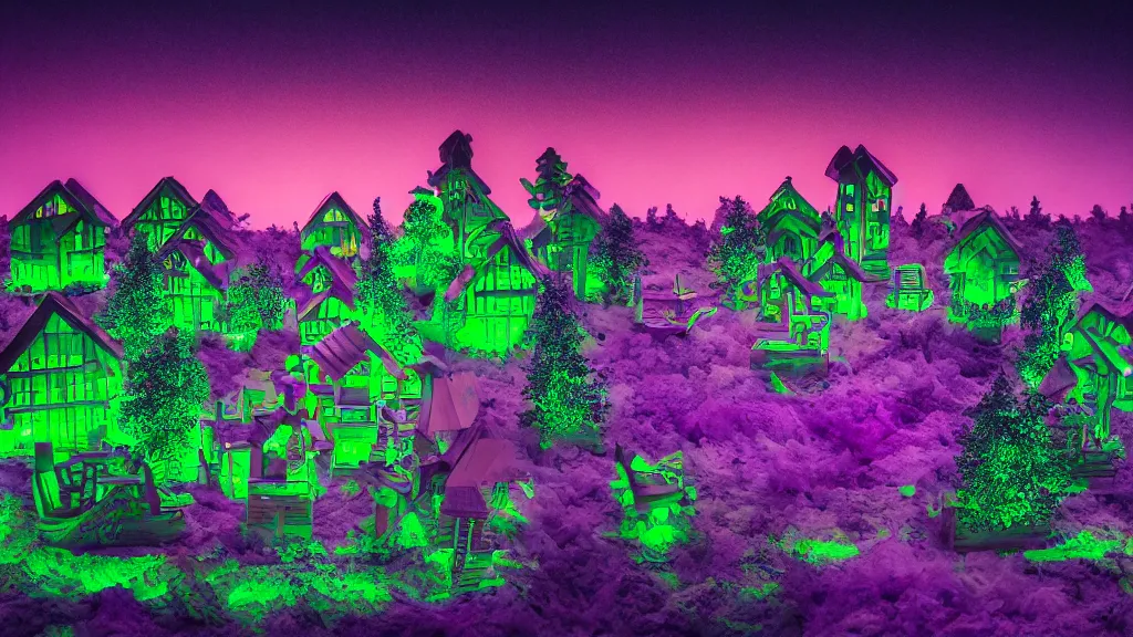 Prompt: portrait of an ethereal vaporwave wooden village made of golden lavender and green light, evergreen forest, divine, cyberspace, mysterious, high-contrast, 4k, award-winning photograph