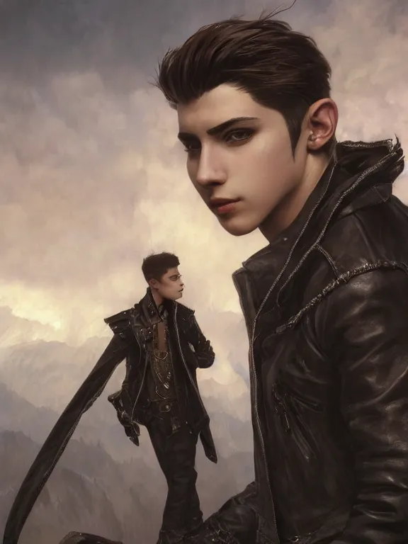 Image similar to a beautiful and detailed matte painting of a young male teenage boy wearing a leather jacket, fantasy, d & d, dark eyeliner, intricate, elegant, highly detailed, digital painting, artstation, concept art, matte, sharp focus, illustration, art by greg rutkowski and alphonse mucha