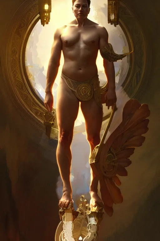 Image similar to Elon Musk as a Greek god, gorgeous, amazing, muscular, fit, intricate, highly detailed, digital painting, artstation, concept art, sharp focus, illustration, art by greg rutkowski and alphonse mucha