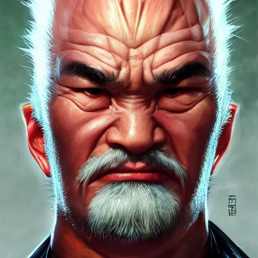 Image similar to Heihachi Mishima from Tekken, calm expression, spiky side hair, closeup character portrait art by Donato Giancola, Craig Mullins, digital art, trending on artstation