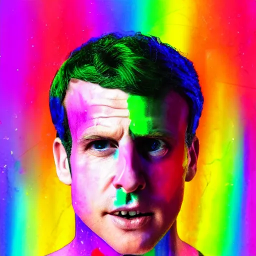 Prompt: Macron with rainbow hair and rainbow makeup, viscous rainbow paint, rainbow bg, portrait