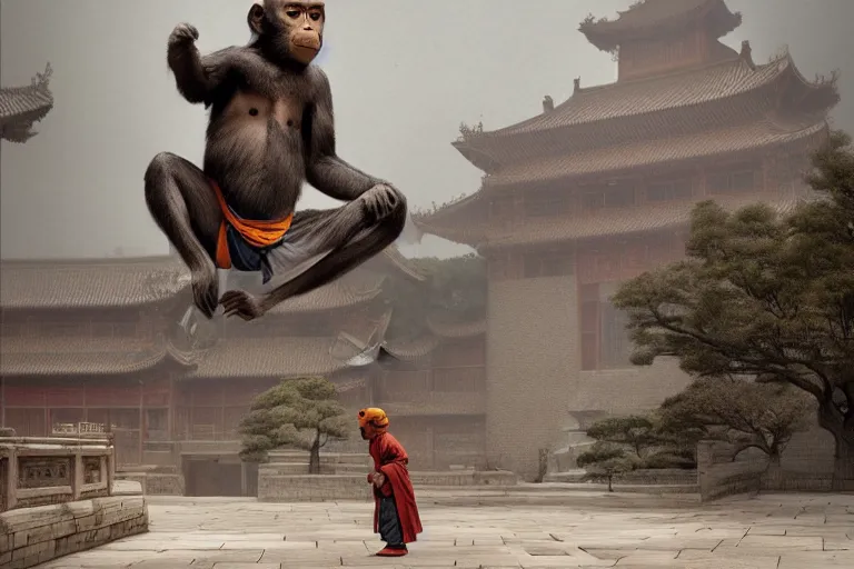 Image similar to A MONKEY dressed as a shaolin monk, standing in front of an ancient chinese palace, cinematic lighting, artstation, greg rutkowski