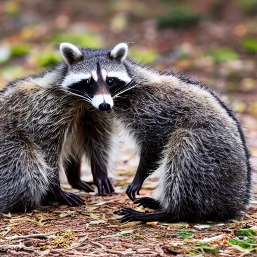 Prompt: photo of two raccoons wearing suits, fighting over drumstick, award winning national geographic photograph