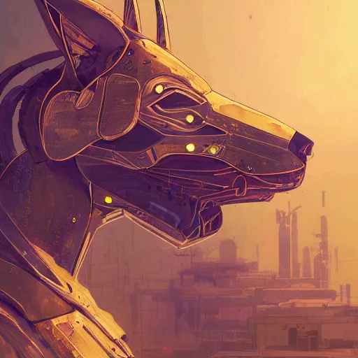 Image similar to cybernetic anubis egyptian wolf made of steel and gold in light armor, by ian pesty and alena aenami and makoto shinkai, concept art, matte painting, washed colors,