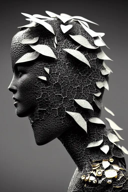 Image similar to monochrome close - up profile face, black background, beautiful young porcelain bio - mechanical vegetal - dragon - cyborg - female, white metallic armour, silver gold details, magnolia leaves and stems, roots, mandelbot fractal, 1 5 0 mm, beautiful natural soft rim light, elegant, hyper real, ultra detailed, octane render, 1 6 k