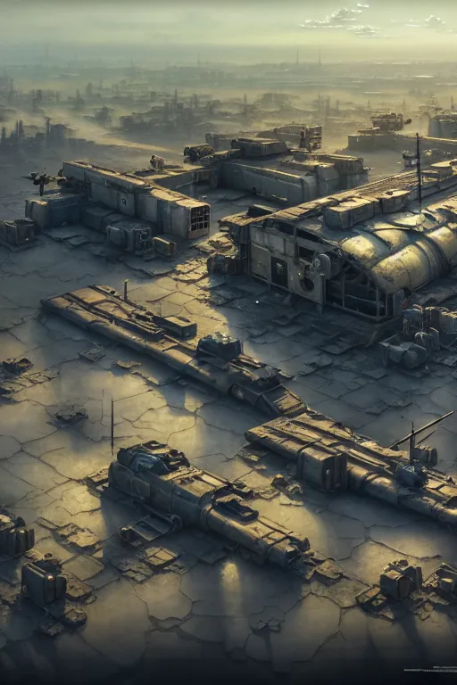 Prompt: a highly detailed matte painting of a post - apocalyptic dieselpunk military base aerial view, by studio ghibli, makoto shinkai, by artgerm, by wlop, by greg rutkowski, volumetric lighting, octane render, 4 k resolution, trending on artstation, masterpiece