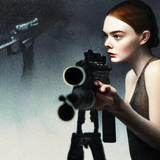 Image similar to Elle Fanning holding a sniper rifle in the style of Paola Vetri, head and shoulders portrait, stormy weather, extremely detailed masterpiece, oil on canvas, low-key neon lighting, artstation, Blade Runner 2049, Roger Deakin’s cinematography, by J. C. Leyendecker and Peter Paul Rubens and Edward Hopper and Michael Sowa,