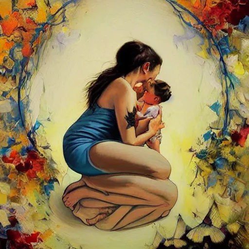 Prompt: by john larriva, by aaron horkey emotive. a beautiful painting harmony of colors, simple but powerful composition. a scene of peaceful domesticity, with a mother & child in the center, surrounded by a few simple objects. colors are muted & calming, serenity & calm.