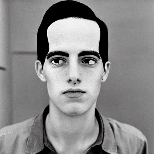 Image similar to a fine art portrait of a young man with black hair that is shorter on the sides, and asymmetrical eyebrows so that one eyebrow is bigger than the other eyebrow. Bags under his eyes. In the style of Stanley Kubrick and Wes Anderson, Art directed by Edward Hopper.