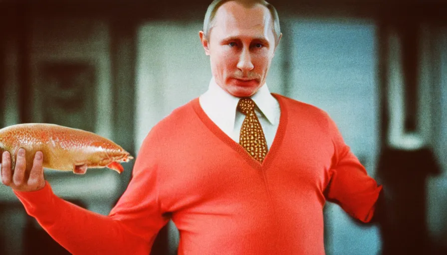 Prompt: 7 0 s movie still of putin in mankini, proudly holding a salmon. cinestill 8 0 0 t _ 3 5 mm eastmancolor, heavy grain, high quality, high detail