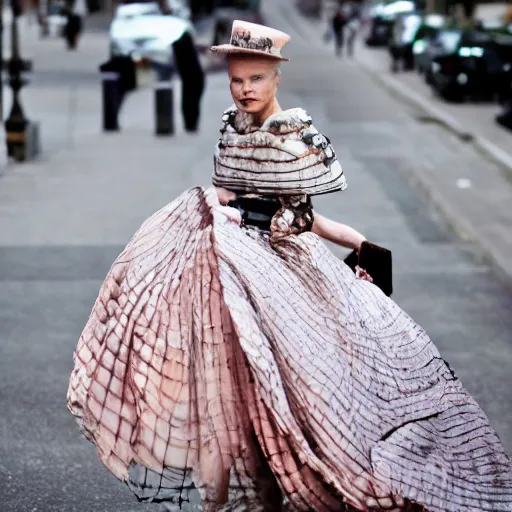 Prompt: 👗 made of 🐝 !! street style, backlit, Alexander mcqueen, Vivienne Westwood, Oscar De la Renta, Dior, high fashion photo shoot, fantasy lut,