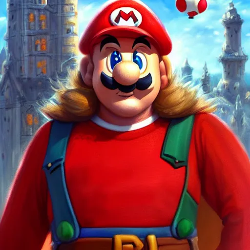 Image similar to Portrait of Gerard Dépardieu as Super Mario, fantasy, highly detailed, digital painting, artstation, concept art, sharp focus, illustration, art by Tony Sart and artgerm and randy vargas