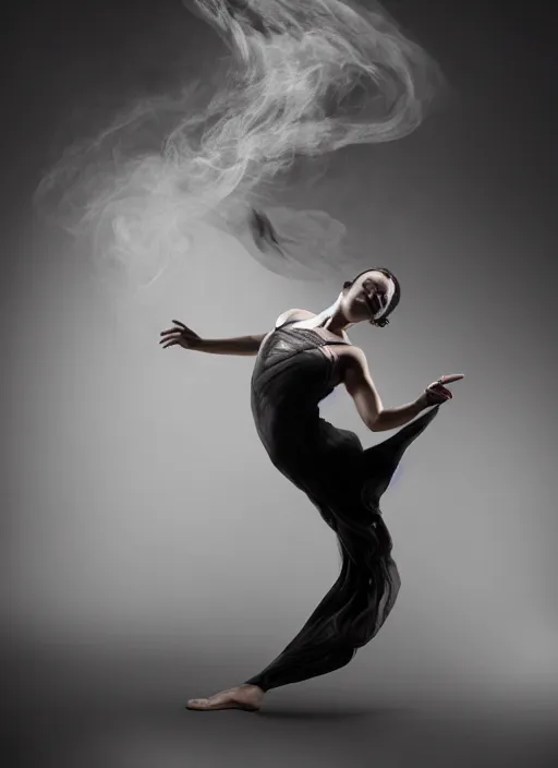 Image similar to a Photorealistic dramatic hyperrealistic render of a glamorous beautiful Female smoke dancer by Ken Brower and Deborah Ory of NYC Dance project,Lois Greenfield,Flowing cloth and smoke,Beautiful dynamic dramatic dark moody lighting,volumetric,shadows,cinematic atmosphere,Octane render,8K