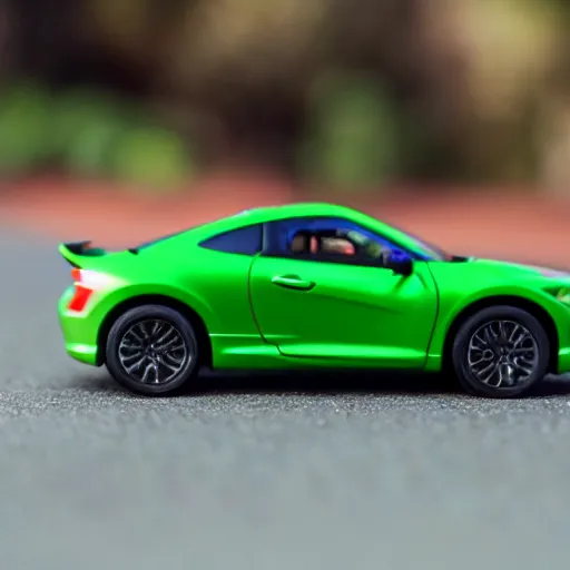 Prompt: a redhead woman driving a Jada toys mitsubishi eclipse green diecast car, high resolution macro photo, viewed through the cars window