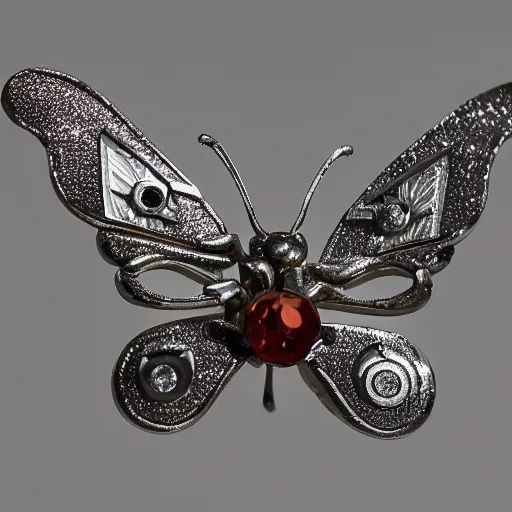 Prompt: macro photograph of a miniature mechanical butterfly made of silver and garnets, flickr