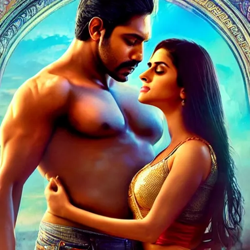 Prompt: perfectly centered bollywood movie promotional poster of anatomically correct hero and heroine intimate romantic pose, faces symmetrical ; real life portrait, ultra realistic, high coherence, intricate, hdr, highly detailed, photorealistic, octane render, 8 k, unreal engine ; art by artgerm, greg rutkowski, charlie bowater