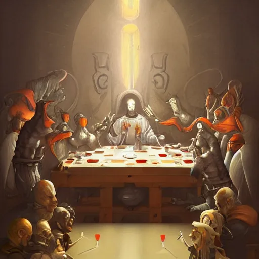 Prompt: the last supper of robots as apostles in leonardo da vinchi style. digital art, artstation, concept art, smooth, sharp focus, illustration, art by peter mohrbacher