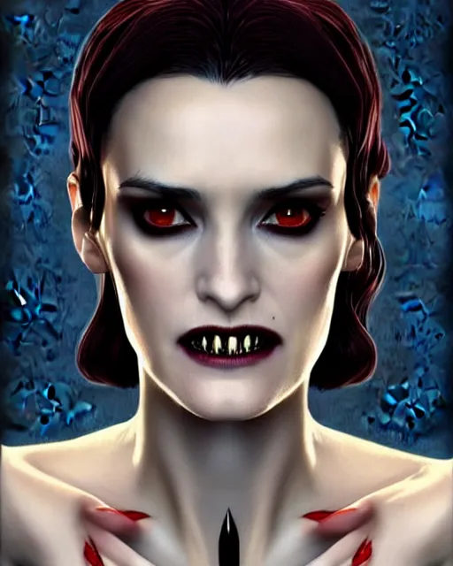 Prompt: gorgeous female Winona Ryder vampire sharp teeth in a confident dress, realistic character concept, medium shot, elegant pose, horror, illustration, slender symmetrical face and body, symmetrical eyes, artstation, cinematic lighting, hyperdetailed, Tom Bagshaw, Rafael Albuquerque, Norman Rockwell, single face, insanely detailed and intricate, beautiful, elegant, dark blue background
