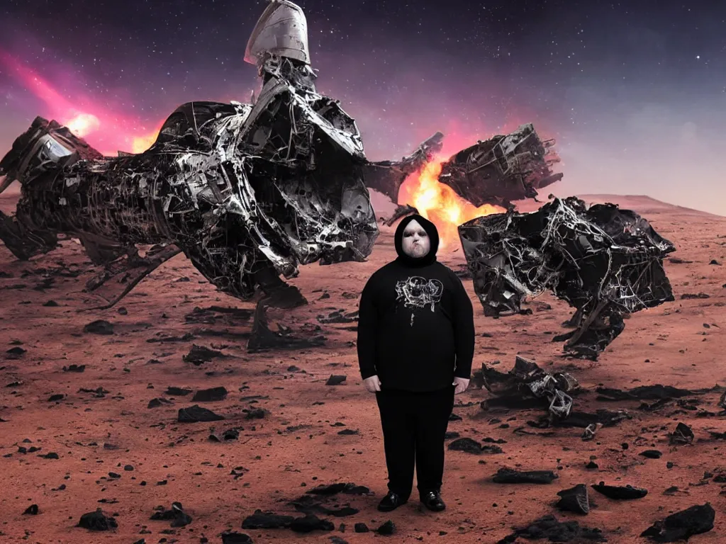Prompt: portrait of an overweight person with emo haircut wearing gothy purple and black space spandex suits, standing next to smashed burning spacecraft wreckage, on the surface of mars, highly detailed, dramatic lighting, photorealistic, cinematic