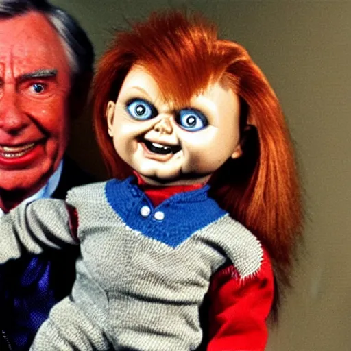Image similar to Chucky the killer doll being held by Mr. Rogers