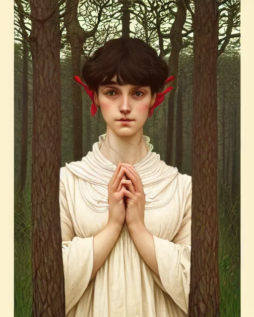 Image similar to symmetry portrait of welsh brunette student in mans tunic, embroidery, tomboy, short hair, intricate forest background, intricate, elegant, highly detailed, digital painting, artstation, concept art, smooth, sharp focus, illustration, art by artgerm and greg rutkowski and fra angelico and alphons mucha