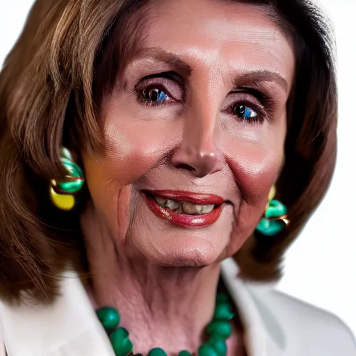Prompt: photograph of nancy pelosi with smooth fair skin, green jewelry, breathtaking, elegant, ornate, intricate, hyper detailed, accent lighting, dramatic light, 4 k octane render