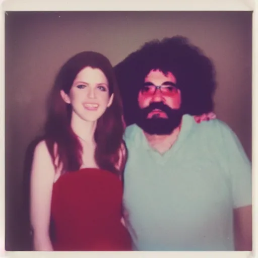 Image similar to found polaroid of my mom, who look exactly like Anna Kendrick, hanging out with Jerry Garcia