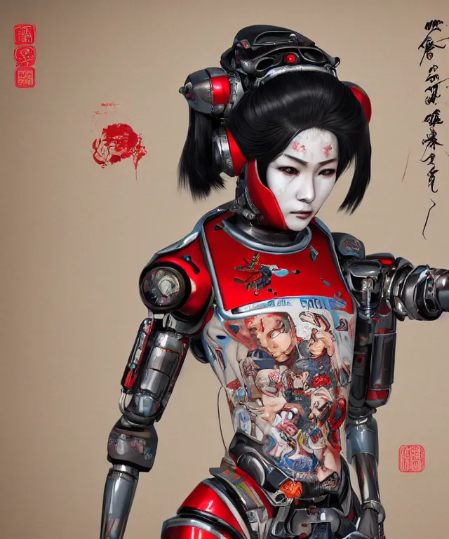 Image similar to an epic fantastic realism comic book style portrait painting of a japanese robotic geisha with kanji tattoos and decals, apex legends, octane render, intricate detail, 4 k hd, unreal engine 5, ex machina, irobot