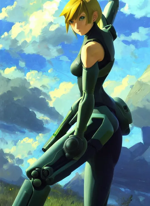 Image similar to Makoto Shinkai painting of Samus from Metroid Prime, countryside, calm, fantasy character portrait, dynamic pose, above view, sunny day, thunder clouds in the sky, artwork by Jeremy Lipkin and Giuseppe Dangelico Pino and Michael Garmash and Rob Rey, very coherent asymmetrical artwork, sharp edges, perfect face, simple form, 100mm