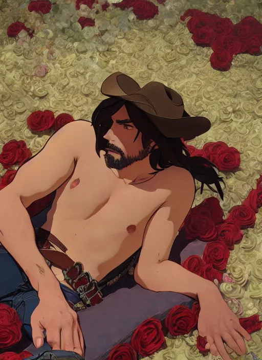 Prompt: mccree shirtless and posing on a bed of roses, path traced, highly detailed, high quality, digital painting, by studio ghibli and alphonse mucha, leesha hannigan, makoto shinkai, disney