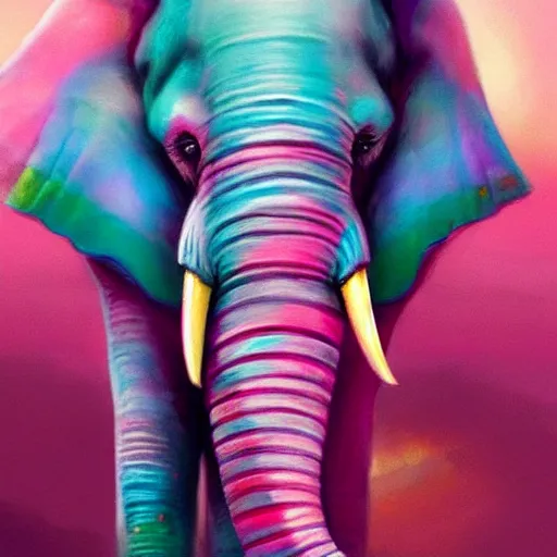 Image similar to colorful and festive elephant with pink hair,. rich vivid colors, ambient lighting, dynamic lighting, 4 k, atmospheric lighting, painted, intricate, highly detailed by charlie bowater